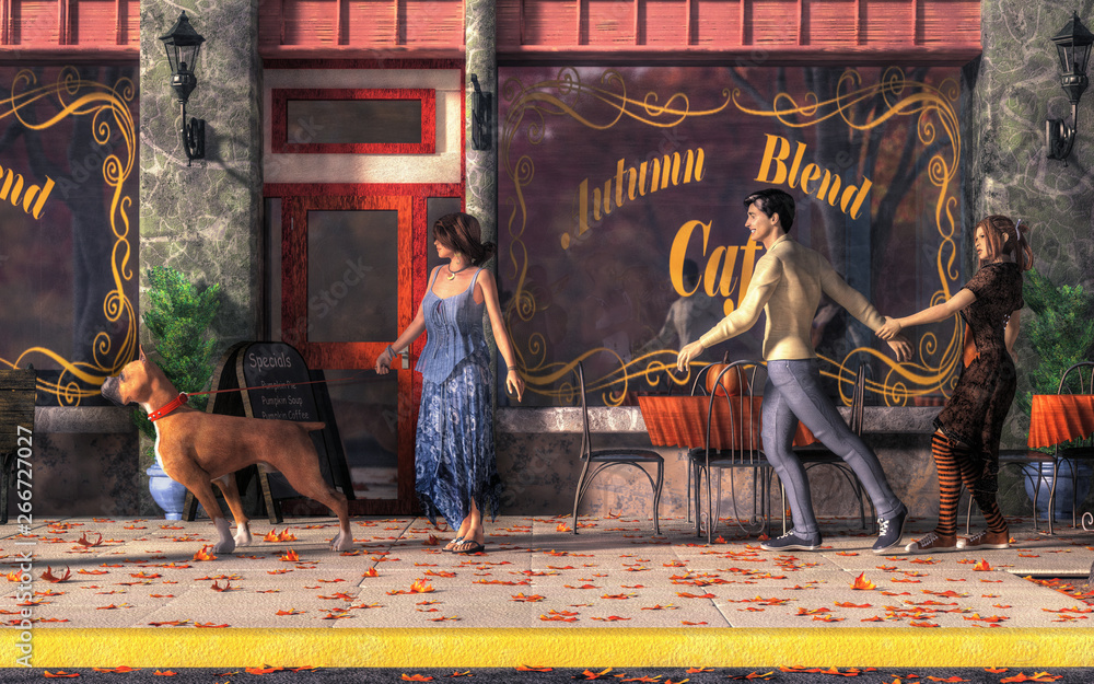 On an autumn day a woman walks her dog in front of a city cafe. The dog sees something and pulls at its leash. A man seems attracted to her but is pulling at his girlfriends arm. 3D rendering