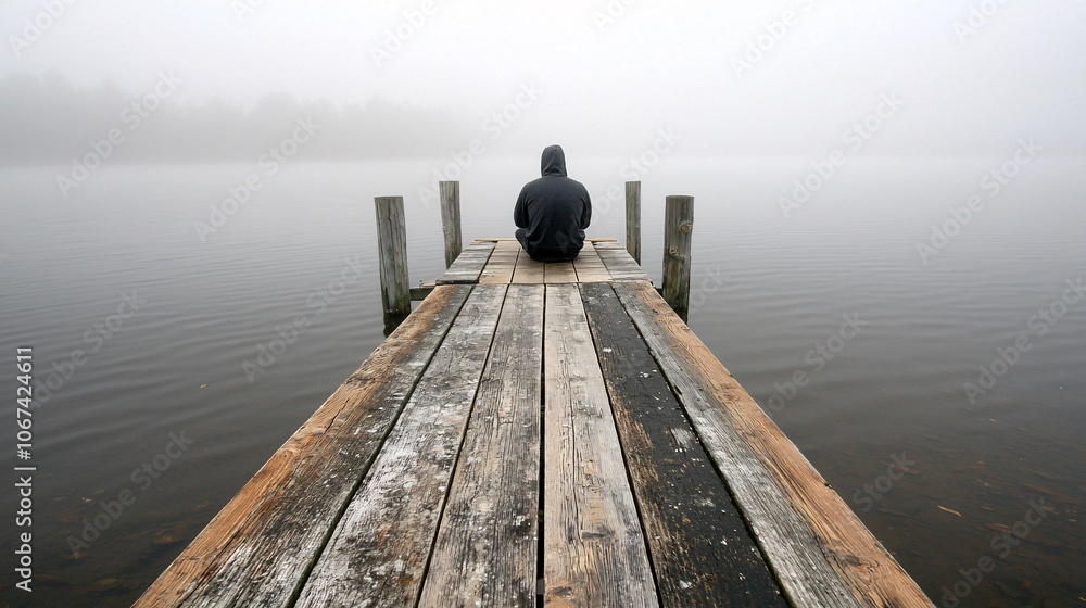 Solitude at the Dock - A lone figure gazes into the foggy horizon reflecting social anhedonia amidst soft water ripples and an overcast sky evoking deep introspection and lonelines